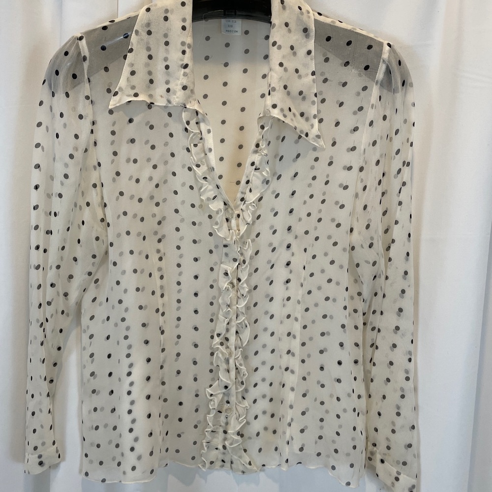 Bryan Emerson white with black polka dot ruffle Silk blouse medium